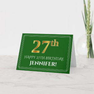 Elegant Faux Gold Look 27th Birthday, Name (Green) Card