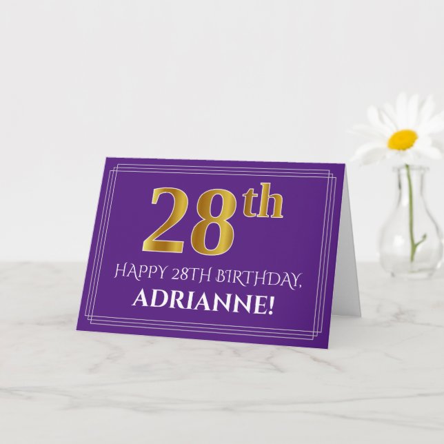 Elegant Faux Gold Look 28th Birthday, Name; Purple Card (Small Plant)