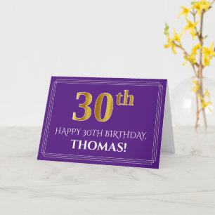 Elegant Faux Gold Look 30th Birthday, Name; Purple Card