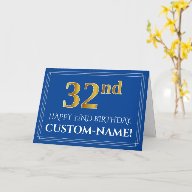 Elegant Faux Gold Look 32nd Birthday, Name (Blue) Card (Yellow Flower)