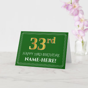 Elegant Faux Gold Look 33rd Birthday, Name (Green) Card