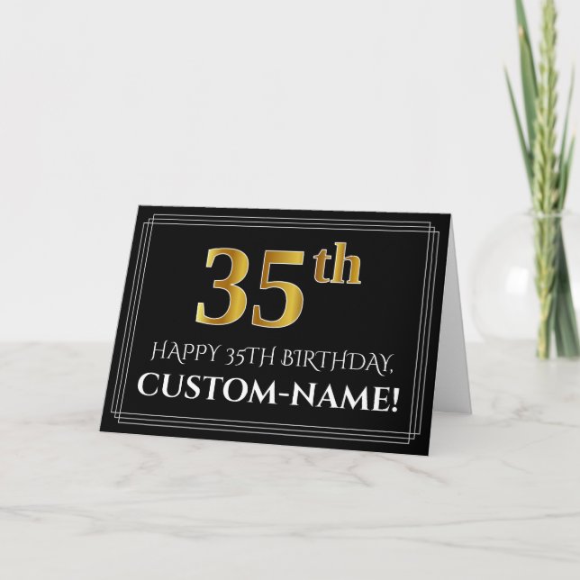 Elegant Faux Gold Look "35th" Birthday + Name Card (Front)