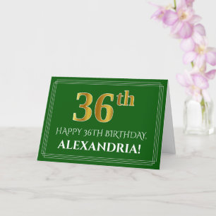 Elegant Faux Gold Look 36th Birthday, Name (Green) Card