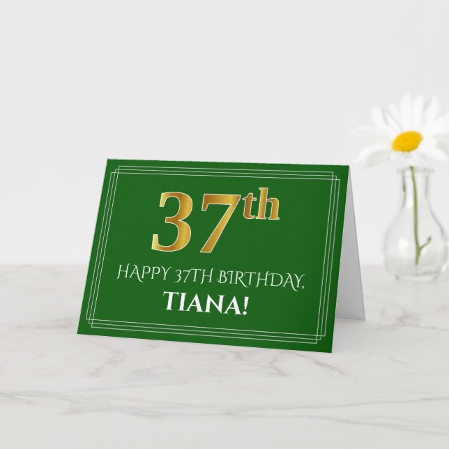 Elegant Faux Gold Look 37th Birthday, Name (Green) Card (Small Plant)