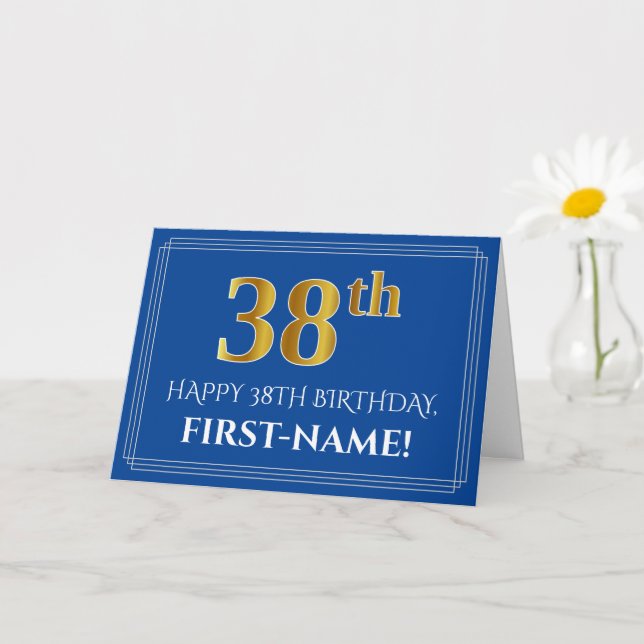 Elegant Faux Gold Look 38th Birthday, Name (Blue) Card (Small Plant)