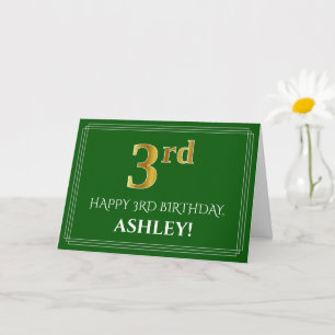 Elegant Faux Gold Look 3rd Birthday, Name (Green) Card