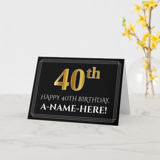 Elegant Faux Gold Look "40th" Birthday + Name Card (Yellow Flower)