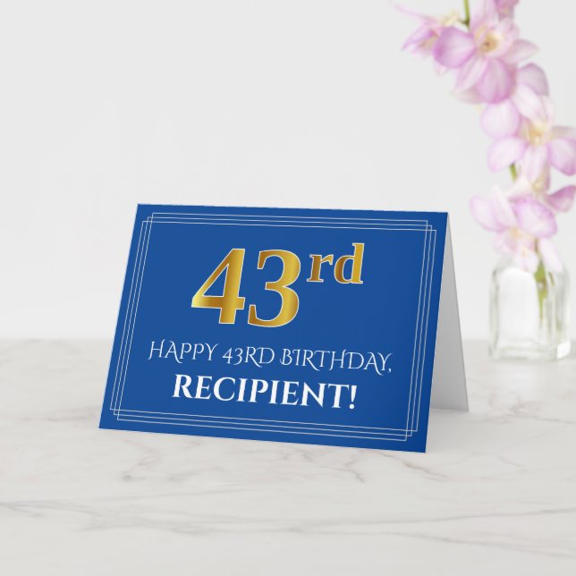 Elegant Faux Gold Look 43rd Birthday, Name (Blue) Card (Orchid)