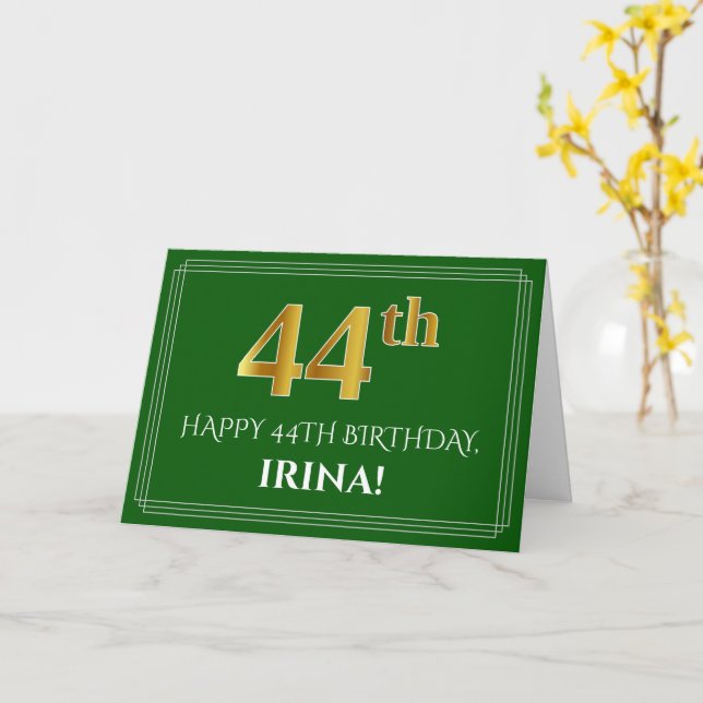 Elegant Faux Gold Look 44th Birthday, Name (Green) Card (Yellow Flower)