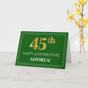 Elegant Faux Gold Look 45th Birthday, Name (Green) Card
