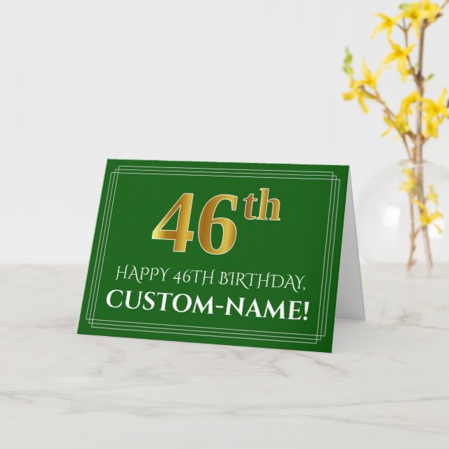 Elegant Faux Gold Look 46th Birthday, Name (Green) Card (Yellow Flower)
