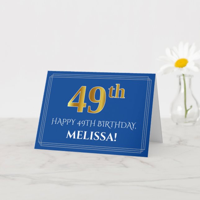 Elegant Faux Gold Look 49th Birthday, Name (Blue) Card (Small Plant)