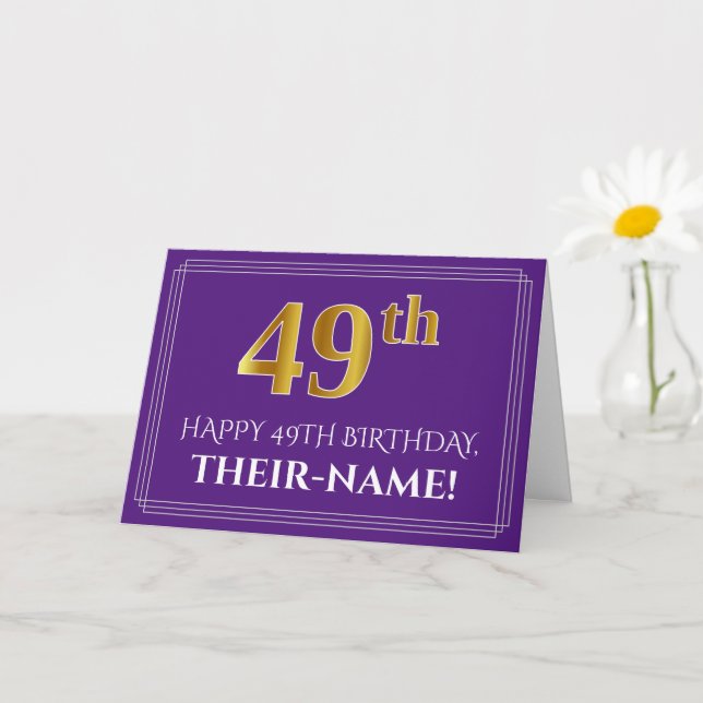 Elegant Faux Gold Look 49th Birthday, Name; Purple Card (Small Plant)