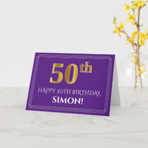 Elegant Faux Gold Look 50th Birthday, Name; Purple Card
