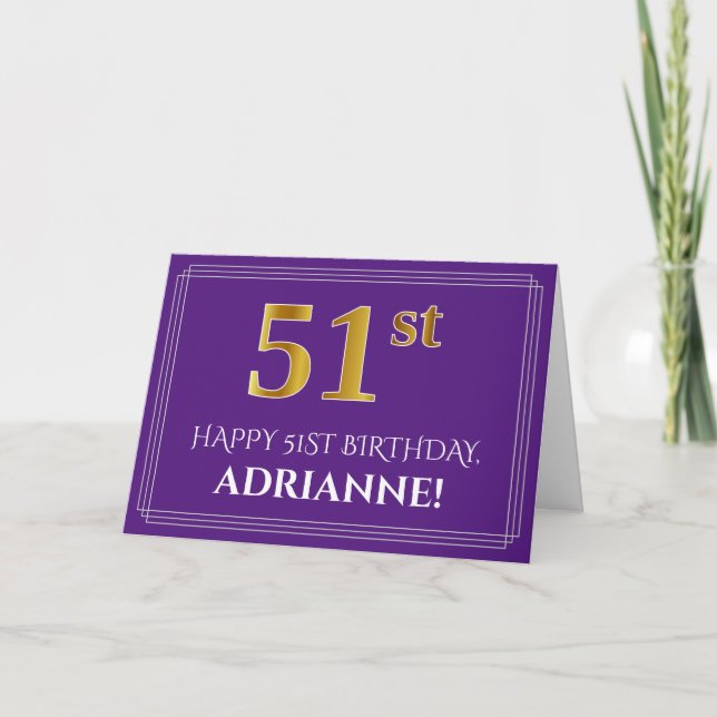 Elegant Faux Gold Look 51st Birthday, Name; Purple Card (Front)