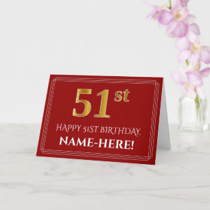 Elegant Faux Gold Look "51st" Birthday, Name (Red) Card