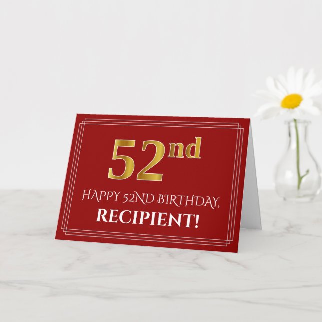 Elegant Faux Gold Look "52nd" Birthday, Name (Red) Card (Small Plant)