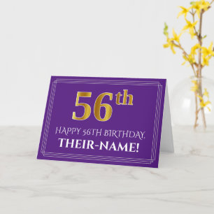 Elegant Faux Gold Look 56th Birthday, Name; Purple Card