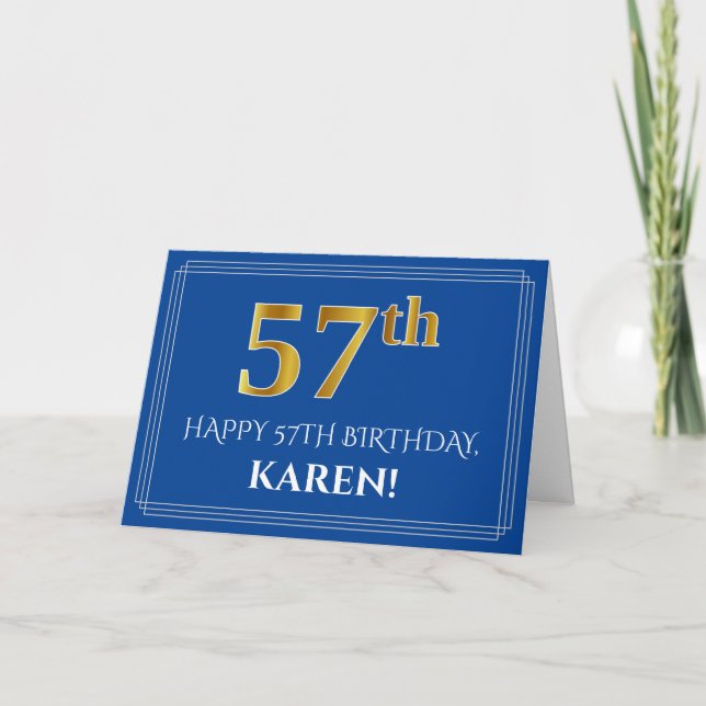 Elegant Faux Gold Look 57th Birthday, Name (Blue) Card (Front)