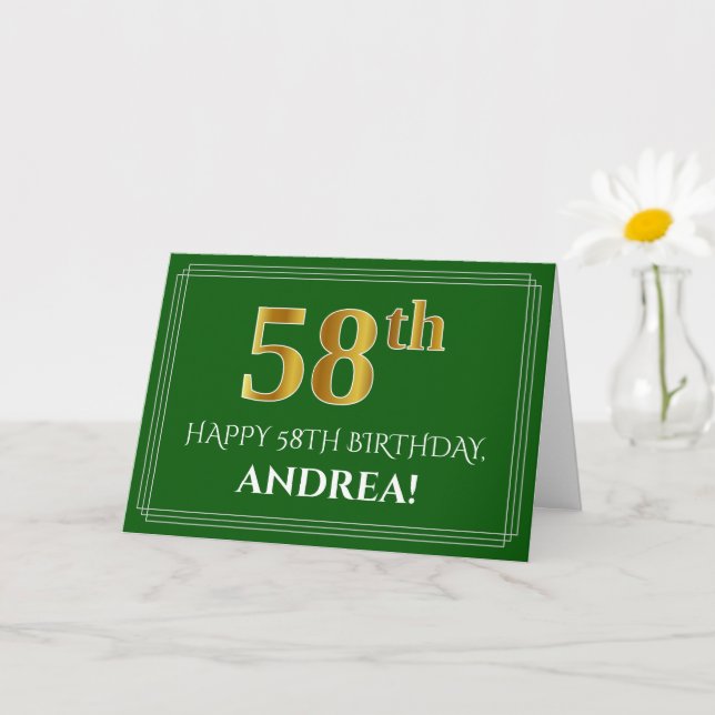 Elegant Faux Gold Look 58th Birthday, Name (Green) Card (Small Plant)