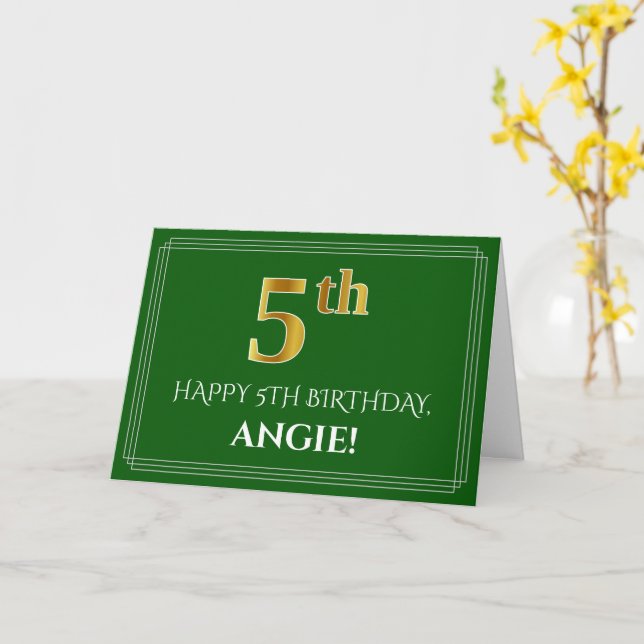 Elegant Faux Gold Look 5th Birthday, Name (Green) Card (Yellow Flower)