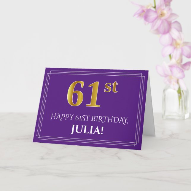 Elegant Faux Gold Look 61st Birthday, Name; Purple Card (Orchid)