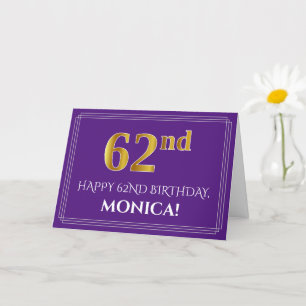 Elegant Faux Gold Look 62nd Birthday, Name; Purple Card