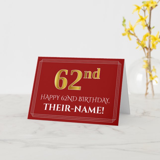 Elegant Faux Gold Look "62nd" Birthday, Name (Red) Card (Yellow Flower)