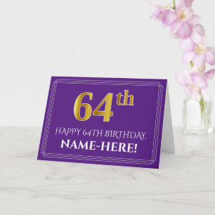 Elegant Faux Gold Look 64th Birthday, Name; Purple Card