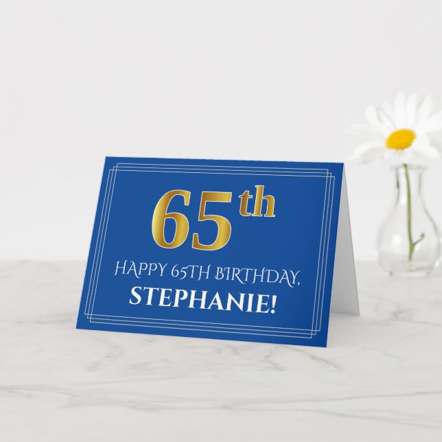 Elegant Faux Gold Look 65th Birthday, Name (Blue) Card (Small Plant)