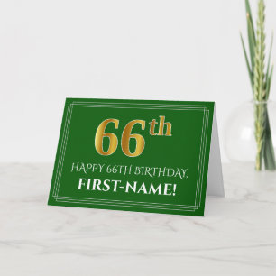 Elegant Faux Gold Look 66th Birthday, Name (Green) Card
