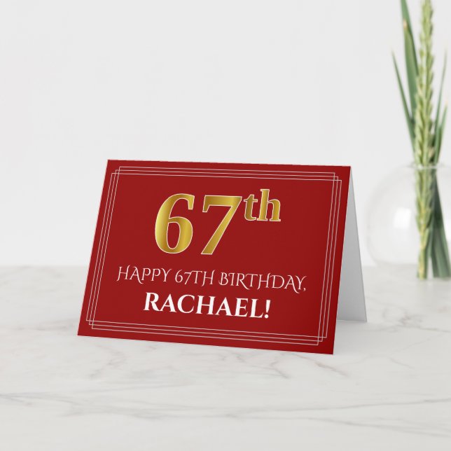 Elegant Faux Gold Look "67th" Birthday, Name (Red) Card (Front)
