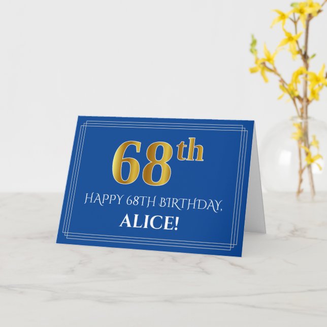 Elegant Faux Gold Look 68th Birthday, Name (Blue) Card (Yellow Flower)
