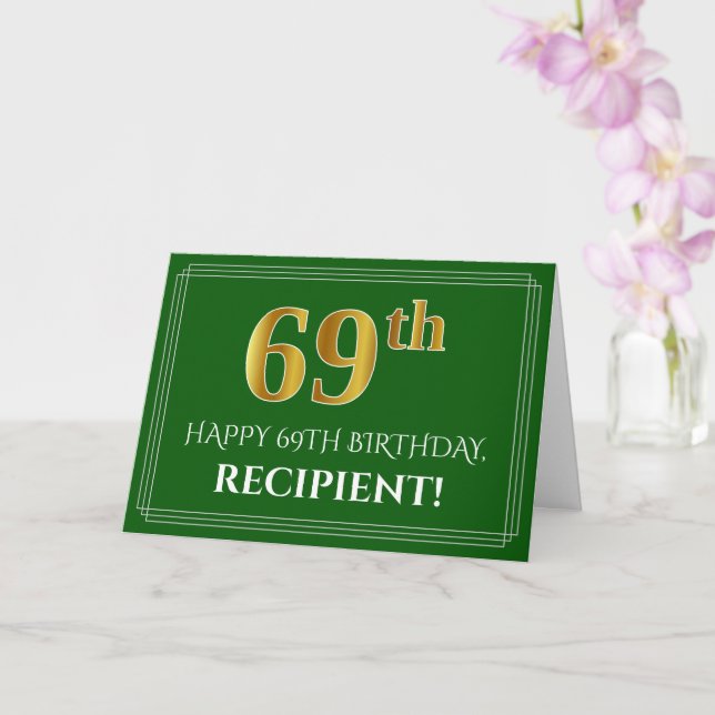 Elegant Faux Gold Look 69th Birthday, Name (Green) Card (Orchid)