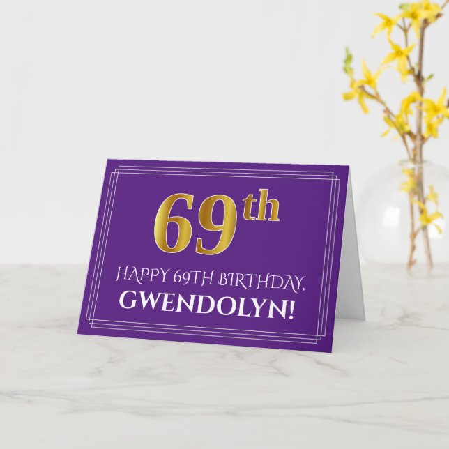 Elegant Faux Gold Look 69th Birthday, Name; Purple Card (Yellow Flower)