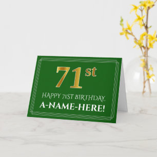 Elegant Faux Gold Look 71st Birthday, Name (Green) Card