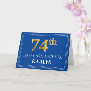 Elegant Faux Gold Look 74th Birthday, Name (Blue) Card