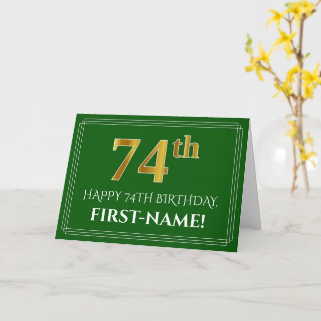 Elegant Faux Gold Look 74th Birthday, Name (Green) Card (Yellow Flower)