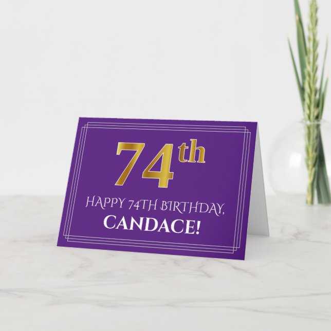 Elegant Faux Gold Look 74th Birthday, Name; Purple Card (Front)