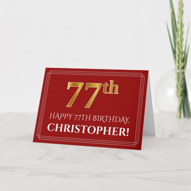 Elegant Faux Gold Look "77th" Birthday, Name (Red) Card (Front)