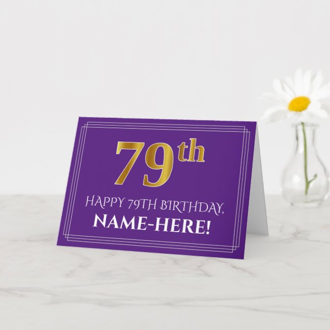 Elegant Faux Gold Look 79th Birthday, Name; Purple Card (Small Plant)