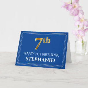 Elegant Faux Gold Look 7th Birthday, Name (Blue) Card