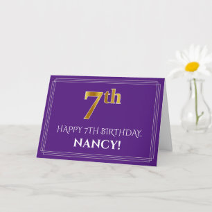 Elegant Faux Gold Look 7th Birthday, Name; Purple Card