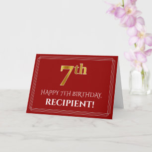Elegant Faux Gold Look "7th" Birthday, Name (Red) Card