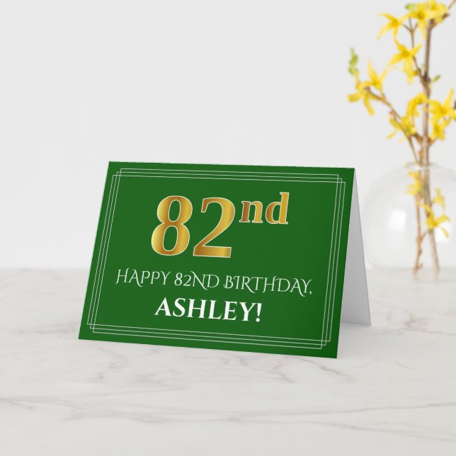 Elegant Faux Gold Look 82nd Birthday, Name (Green) Card (Yellow Flower)