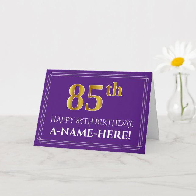 Elegant Faux Gold Look 85th Birthday, Name; Purple Card (Small Plant)