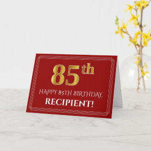 Elegant Faux Gold Look "85th" Birthday, Name (Red) Card