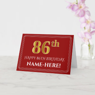 Elegant Faux Gold Look "86th" Birthday, Name (Red) Card