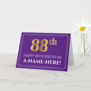 Elegant Faux Gold Look 88th Birthday, Name; Purple Card