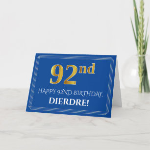 Elegant Faux Gold Look 92nd Birthday, Name (Blue) Card